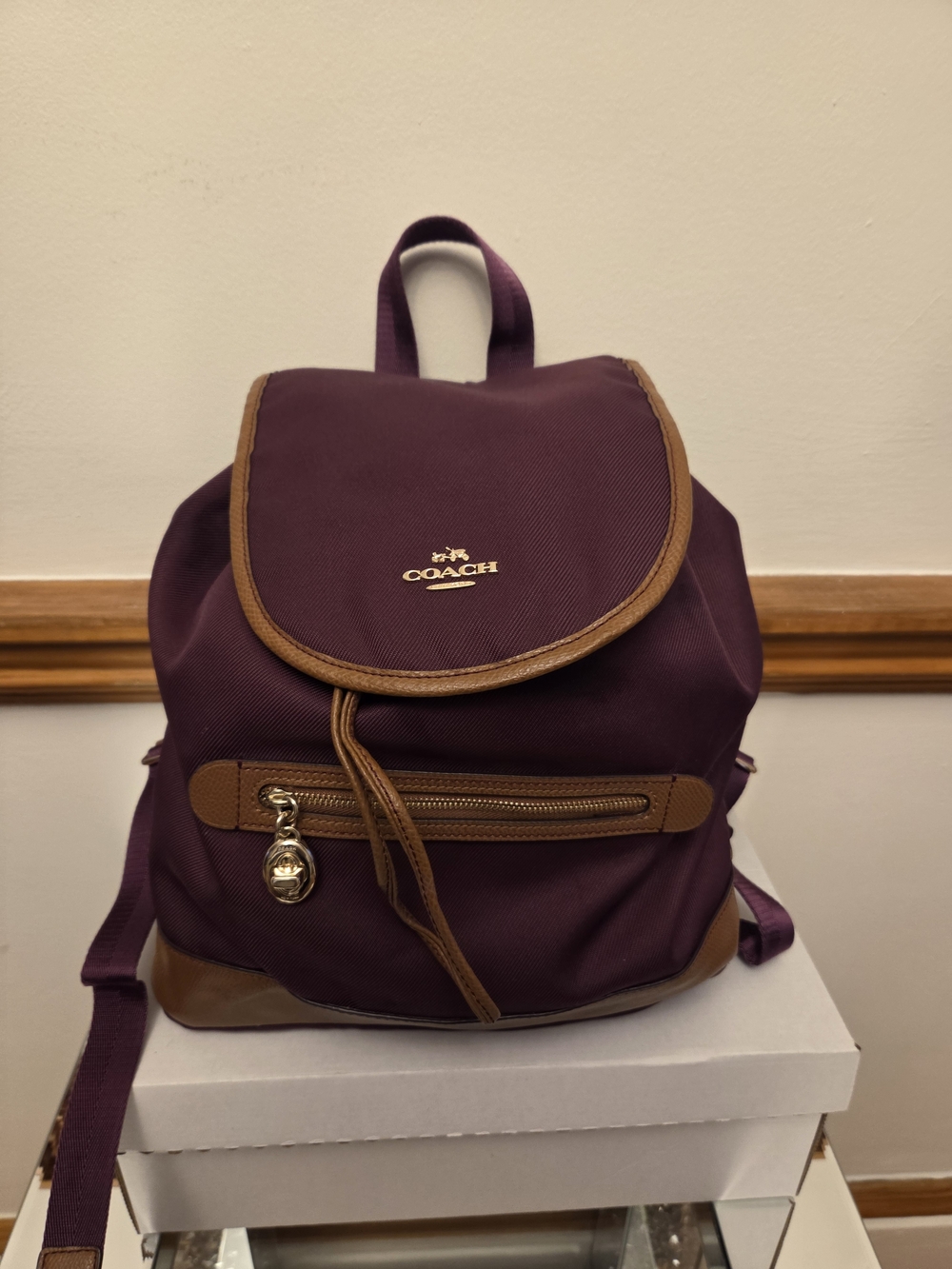 AUTHENTIC 💯 Coach Women's Plum Nylon Backpack with Leather Trim